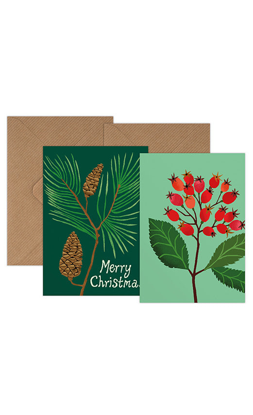 Christmas Mini Card Pack - Christmas Pine & Winter Rosehips
